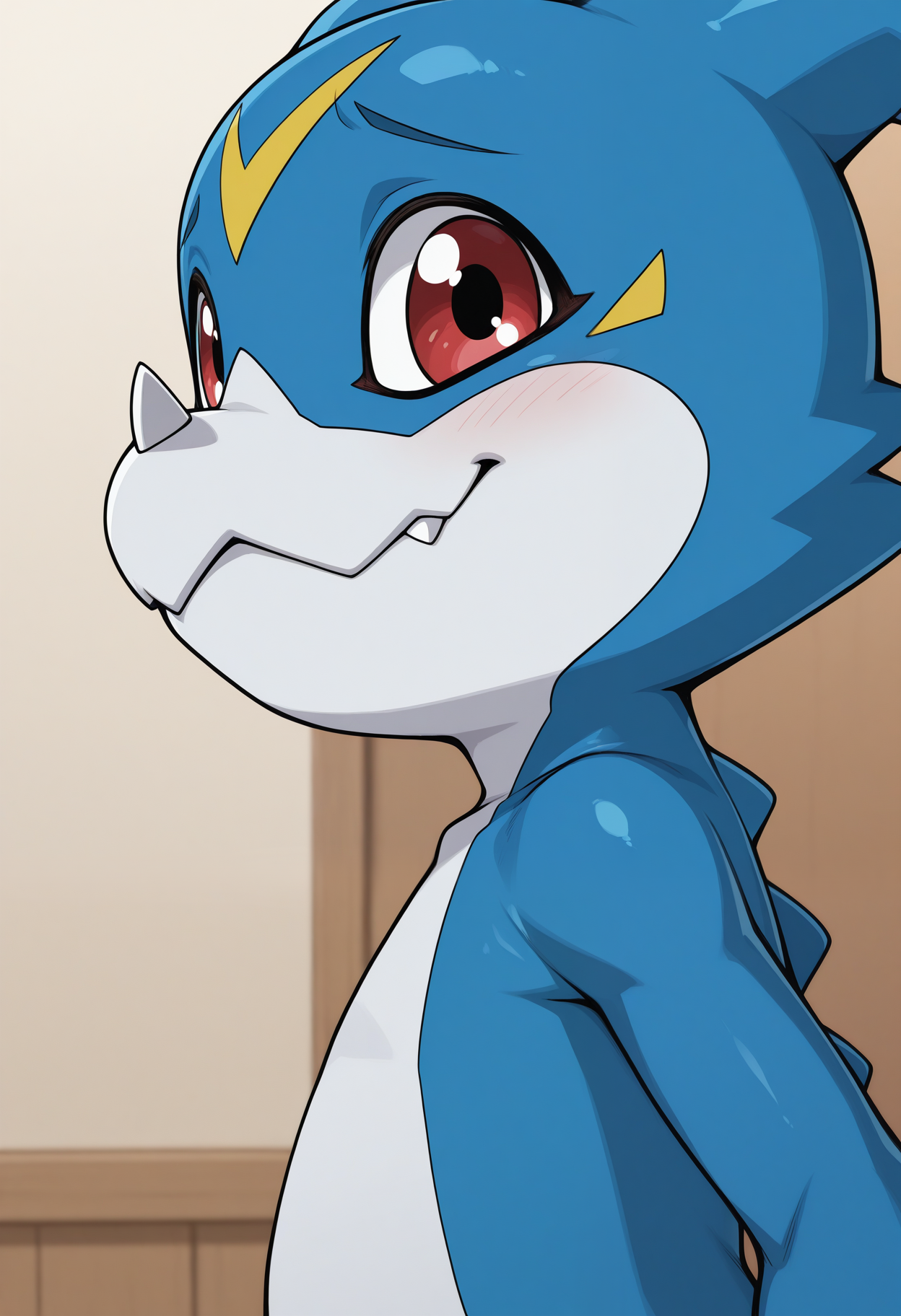 masterpiece,best quality,amazing quality, 1boy, solo, v33m0n, digimon (creature), close up, side angle, looking at viewer, smug,
