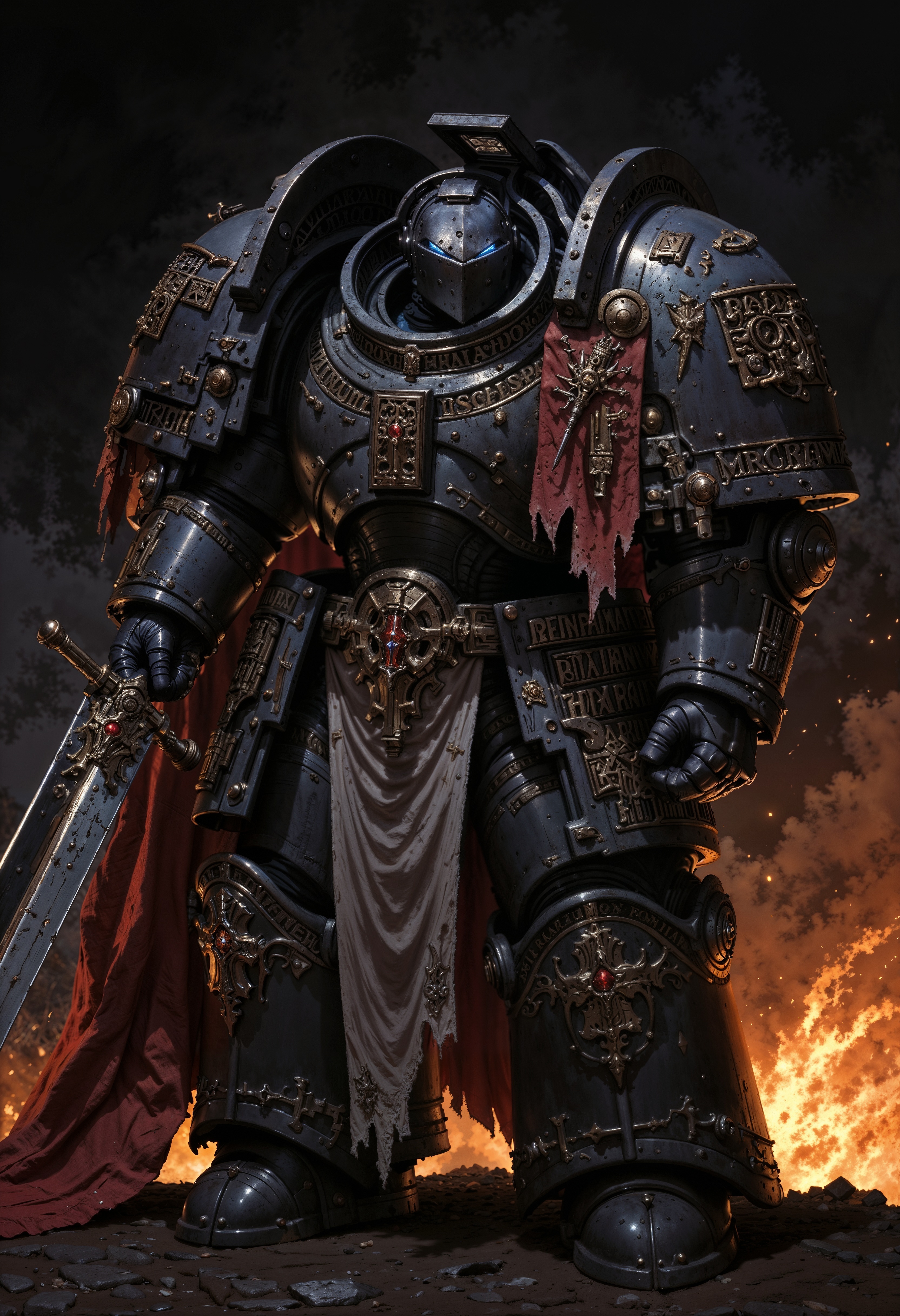 a GreyK40k knight in full armor. The style is dark and dramatic, with a focus on the intricate details of the armor, which is metallic and reflective, showing signs of wear and battle. The knight is positioned dynamically, holding a large sword in a combat-ready stance. The armor includes a helmet with a visor, obscuring the face, and chainmail visible at the joints. The background is a dark, smoky environment with glowing embers and sparks, enhancing the intense and action-oriented atmosphere. The color palette is dominated by steel grey and blacks, with highlights of red from a tattered cape flowing behind the knight. <lora:FluxGreyK40k:0.9> <lora:FluxMythP0rtr4itStyle:0.6> <lora:flux.1_lora_flyway_Epic-Characters_v1:0.6> <lora:Elden_Ring_-_Yoshitaka_Amano:0.33>