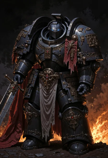 a GreyK40k knight in full armor. The style is dark and dramatic, with a focus on the intricate details of the armor, which is metallic and reflective, showing signs of wear and battle. The knight is positioned dynamically, holding a large sword in a combat-ready stance. The armor includes a helmet with a visor, obscuring the face, and chainmail visible at the joints. The background is a dark, smoky environment with glowing embers and sparks, enhancing the intense and action-oriented atmosphere. The color palette is dominated by steel grey and blacks, with highlights of red from a tattered cape flowing behind the knight. <lora:FluxGreyK40k:0.9> <lora:FluxMythP0rtr4itStyle:0.6> <lora:flux.1_lora_flyway_Epic-Characters_v1:0.6> <lora:Elden_Ring_-_Yoshitaka_Amano:0.33>