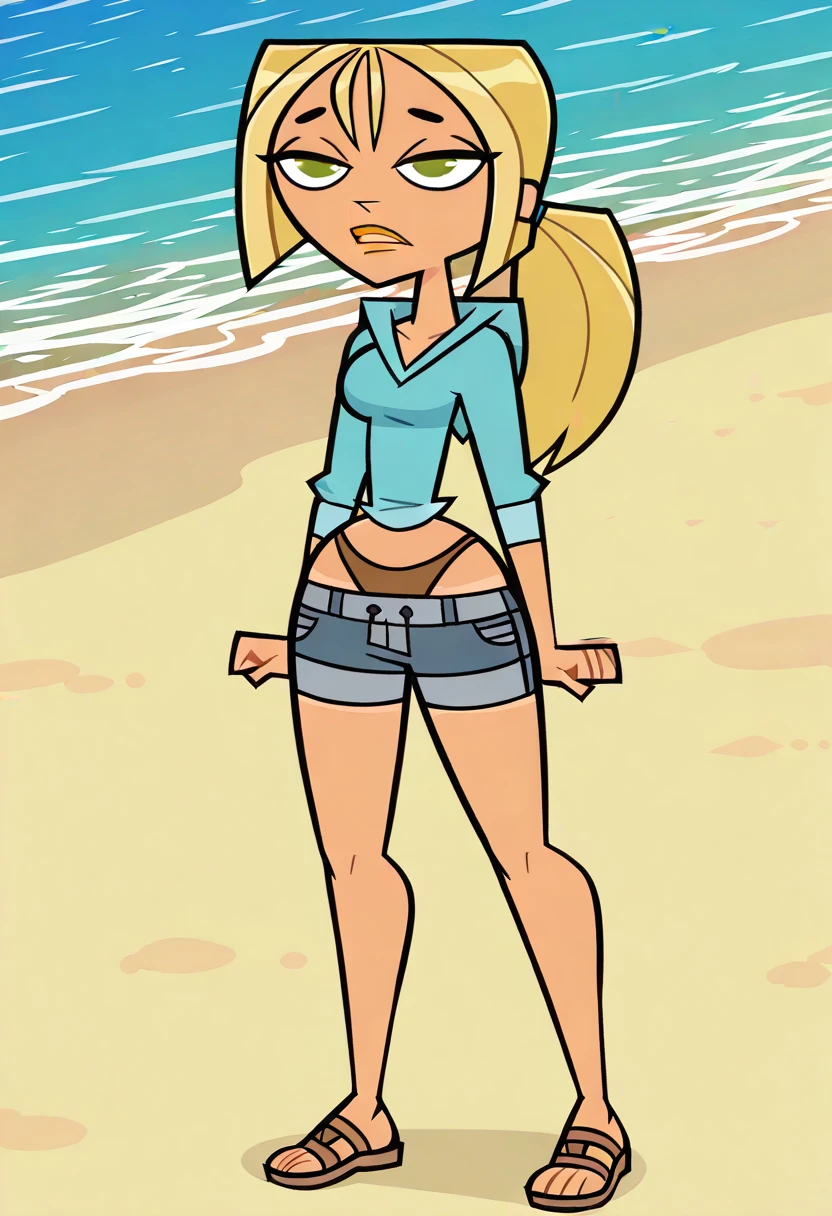 BridgetteTDI, 1girl, blonde hair tied back in a ponytail, fairly tanned skin, olive green eyes, turquoise blue pullover hoodie, blue-gray drawstring denim shorts, brown thong sandals, orange lips, lipstick, solo, full body, beach