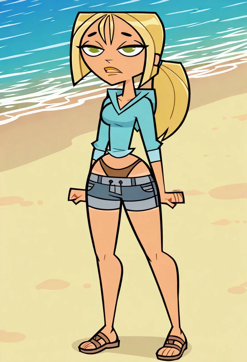 BridgetteTDI, 1girl, blonde hair tied back in a ponytail, fairly tanned skin, olive green eyes, turquoise blue pullover hoodie, blue-gray drawstring denim shorts, brown thong sandals, orange lips, lipstick, solo, full body, beach