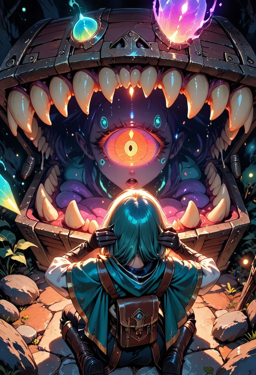 (masterpiece), (best quality), 8k, 1girl, fantasy adventurer girl, Surprised, open mouth, cute treasure chest, cute Mimic, hands behind head, Cute Mimic chest, Kneeling down, opening chest, whimsical dungeon interior, glowing magical torches, scattered loot around, soft warm lighting, stylized fantasy armor, leather satchel, short cloak, colorful atmosphere, playful fantasy mood, cinematic lighting, semi-realistic style, detailed environment, magical sparkles in the air,
Close up, From behind, from above,