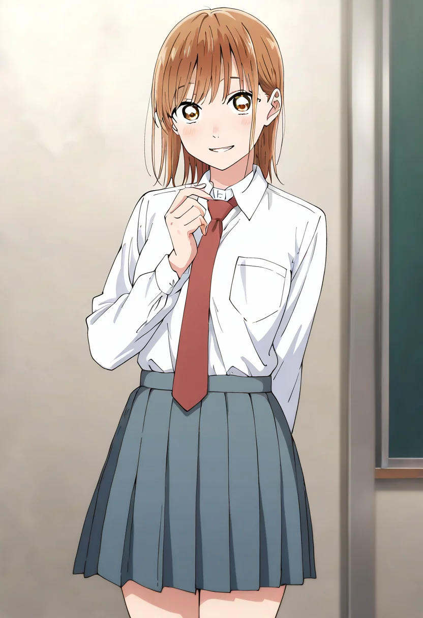 1girl, solo, Chinatsu, <lora:Kano_Chinatsu:0.7>, arm behind back, collared shirt, cowboy shot, dress shirt, hand up, light blush, long sleeves, looking at viewer, parted lips, pleated skirt, red necktie, school uniform, shirt tucked in, smile, standing, white shirt, masterpiece, best quality, amazing quality, very aesthetic, absurdres