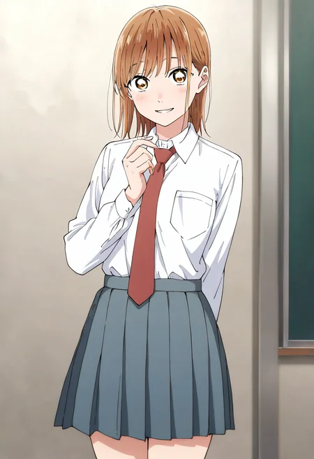 1girl, solo, Chinatsu, <lora:Kano_Chinatsu:0.7>, arm behind back, collared shirt, cowboy shot, dress shirt, hand up, light blush, long sleeves, looking at viewer, parted lips, pleated skirt, red necktie, school uniform, shirt tucked in, smile, standing, white shirt, masterpiece, best quality, amazing quality, very aesthetic, absurdres