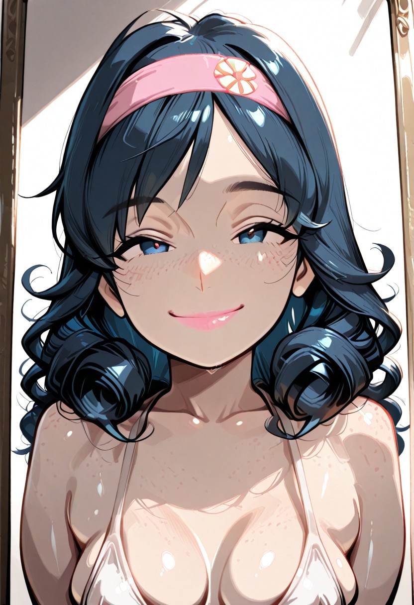 , score_9, score_8_up, score_7_up, masterpiece, best quality,amazing quality,very aesthetic,absurdres,newest, (masterpiece, best quality, highres:1.2), (intricate and beautiful:1.2), (beautiful detailed eyes:1.2), detailed light, (soft lighting, side lighting, reflected light), light freckles, (skindentation), (lustrous skin), 
CodeBlue, 1 girl, dark blue hair,blue eyes, long hair, curly hair, pink headband, freckles, medium breasts, pink lips, 18 years old, 
,looking at viewer, portrait, standing, arms to sides, half body shot, Fully Clothed, smile,
,Uncensored, single view,cpas,ng_deepnegative_v1_75t,Expressiveh