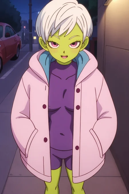 source_anime, score_9, score_8_up, score_7_up, anime screencap, absurdres,
cheelai, official style, 1girl, solo, breasts, looking at viewer, blush, smile, short hair, open mouth, small breasts, purple eyes, eyelashes, white hair, street, night, nipples visible through clothing, colored skin, green skin, pink jacket, purple shirt, skin tight, undershirt, bike shorts, purple bottomwear, hands in pockets, from above
<lora:cheelai_pony_v1:0.8>