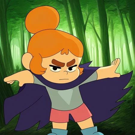 score_9, solo, kelsey_p, thick eyebrows, orange hair, single hair bun, cape, shirt, shorts, forest, natural lighting