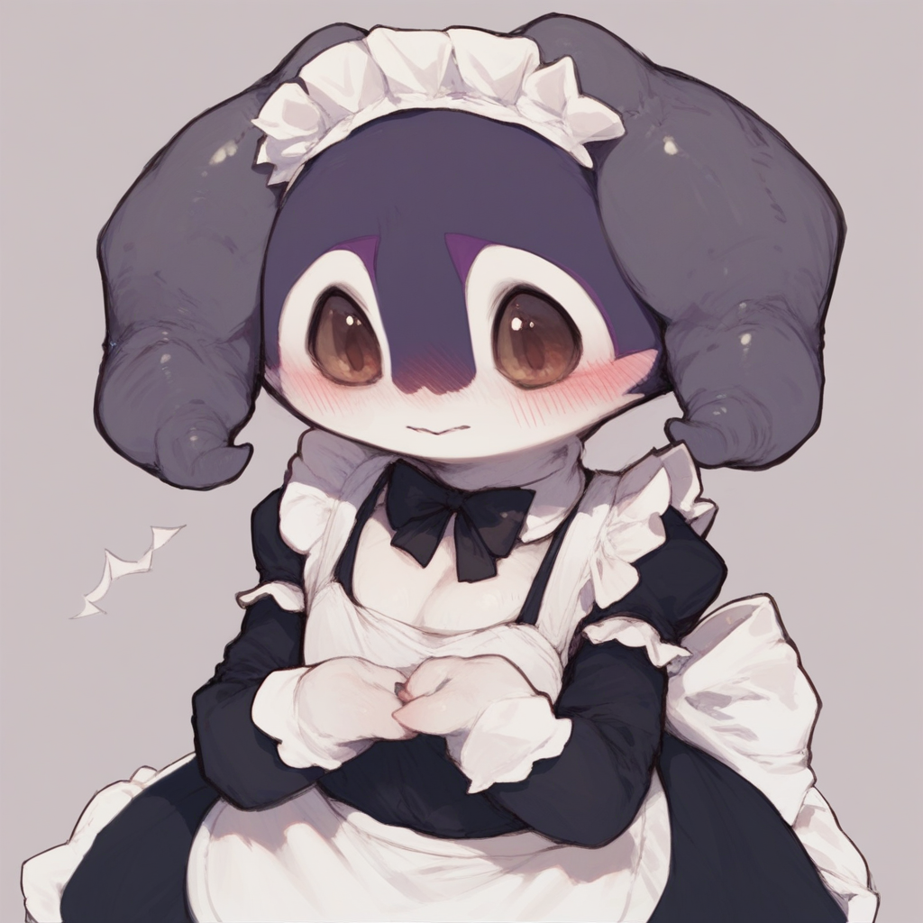 score_9, score_8_up, score_7_up, indeedee, purple body, white body, curled horn, brown eyes, pink markings, maid outfit, blush