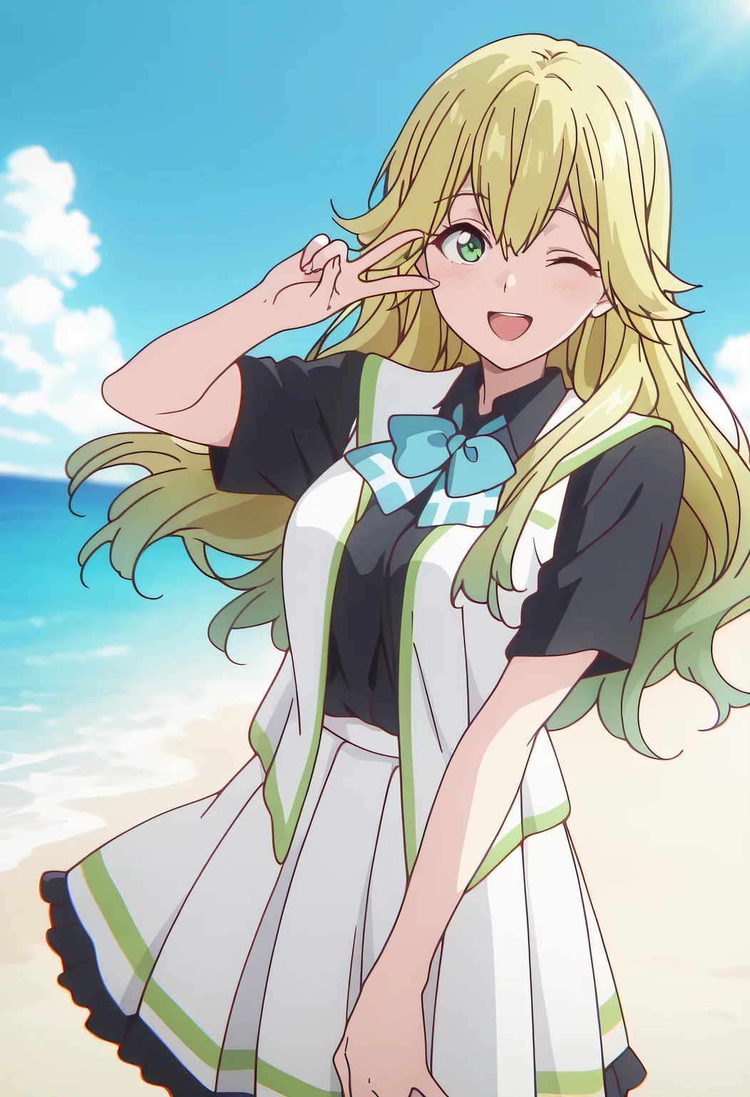 masterpiece, best quality, amazing quality, very aesthetic, absurdres,
1girl, solo, Beach Angels B, long hair, green eyes, multicolored hair, gradient hair, blonde hair, green hair,
school uniform, black shirt, white vest, short sleeves, blue bowtie, white skirt, pleated skirt, frilled skirt,
Looking at viewer, smile, :D ,
anime coloring, v hand, v, wink,
At beach, dof, sun ray, dof, sands, sea, sky, blue sky, cloud,
anime coloring,
kyoto animation,