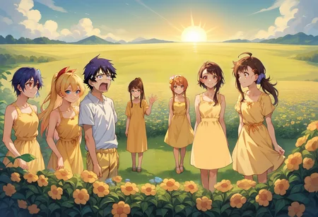 score_9, score_8_up, score_7_up, source_anime, 6girls, 1boy, outdoors, flower field, flowers, sunshine, sun, yellow sundress,
BREAK tachibana marika, short hair with long locks, hair flower, smile, <lora:nisekoi_marikatachibana_ponyXL:1.0>,
BREAK RuriMiyamoto, brown hair, bangs, very long hair, ponytail, green eyes, glasses, smile, <lora:ChamRuriMiyamotoPonyXL:1.0>,
BREAK tsugumi seishirou, mole under eye, blue hair, short hair, smile, <lora:tsugumi-pdxl-nvwls-v1:1.0>
BREAK Ichijou Raku, smirk, <lora:ichijou_raku_1:1.0>, <lora:concept_aquascreaming_ponyXL:1> aquascreaming, screaming, open mouth, crying with eyes open, 
BREAK chtgkrsk, very long hair, gradient hair, ponytail, blue eyes, hair ribbon, red ribbon, smile, <lora:Hoseki_Nsk_ChitogeKirisaki_PDXL_v1:1.0>,
BREAK deraharu, ahoge, side ponytail, hair scrunchie, hairclip, smile, <lora:[P]Onodera Haru_v1:1.0>,
BREAK OnoderaKosaki  , smile, <lora:OnoderaKosaki_XLPD:1.0>