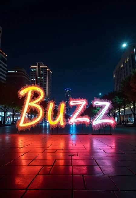 Light painting the word "Buzz" with colorful lights at night. The scene is professionally photographed in a city at night.