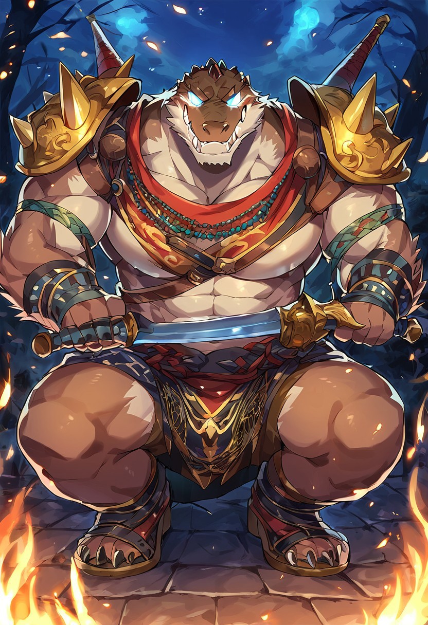 score_9, score_8_up, score_7_up, 1boy, bara, muscular, male focus, furry, anthro, crocodilian, assassin's clothes, fantasy, dual-wielding daggers, reverse hold daggers, full body, dynamic pose, crouching, squat, rooftops, outside, night, looking at viewer, empty eyes, expressionless, glowing eyes, masterpiece, best quality, amazing quality, FurryHeroes
