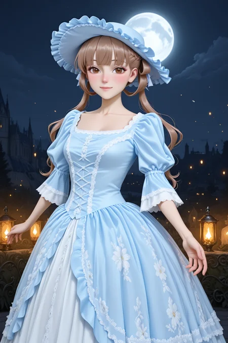 masterpiece, best quality, amazing quality, 1girl, solo, makeup, general, looking at viewer, blush, cowboy shot, holding a ornate masquerade mask, serene smile, soft wind blowing, dancing, spread arms, night, moon, sky, anime screencap, castle, garden, moonlit atmosphere, glowing lanterns, scattered petals in the air, grand castle in background, fantasy ambiance, from side, outdoors, <lora:Sugar_Apple_Fairy_Tale_Anne_Halford:0.8>, Sugar_Apple_Fairy_Tale_Anne_Halford, long hair, brown hair, twintails, hair ribbon, hair rings, braid, blunt bangs, brown eyes, breasts, <lora:Blue_Rococo_Style_Vintage_Masquerade_Dress:1>, Blue_Rococo_Style_Vintage_Masquerade_Dress, (white dress, blue dress), gown, long dress, blue headwear, bonnet, frills, lace trim, lace, short sleeves, puffy sleeves, floral print, <lora:wai-2Rectified-V140:1>, <lora:illustrious_noobai_epsilon_pred_1_masterpieces_v1:1>