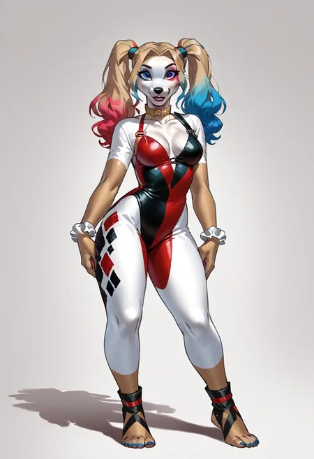score_9, score_8_up, score_7_up, (by kittydee:1.5), (by jailbird:1.5), (by zummeng:1.5), masterpiece, best quality, (solo),
(Furry Art : Anthro : Greyhound :1.5), harley quinn, expressive eyes, feminine eyes, <lora:beautiful_detailed_eyes:1>, perfect face, feminine face, blue big eyes, blonde hair, (twintail hair:1.5), blunt bangs, blue hair, multicolored hair, choker, gradient hair, (medium breasts:1.5), (wide hips:1.4), (slim waist:1.2), (thick thighs:1.4), (white fur:1.5), (brown fur:1.5), (harley quinn costume:1.5), dog, canine, slim build, long snout, floppy ears, (5 toes:1.5), blue nails,