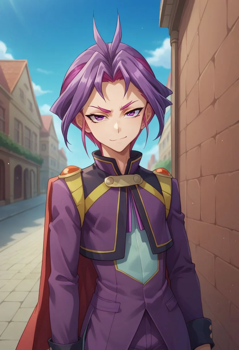 score_9, score_8_up, score_7_up, source_anime, highly detailed,
yuri, 1boy, male focus, solo, purple hair, cape, purple eyes, pants, antenna hair, looking at viewer, standing, long sleeves, smirk, two-tone hair, multicolored hair,
outdoor, street, sky, dark, upper body, frown