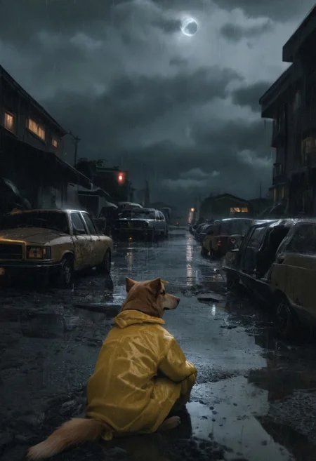 doggie1, perfecteyes, PacificNorthwest, hyperrealistic, 8k, gorgeous, dog sits next to a puddle, wears dirty yellow rain coat, puddle reflects dog, background run down car graveyard, moon inthe sky peeking through clouds, rainy, gloomy