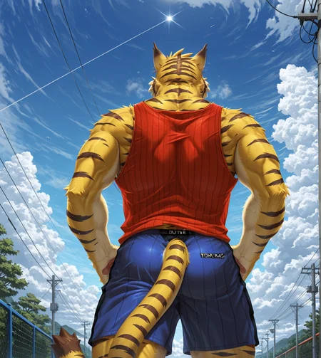(solo), anthro, furry, male, manly, torahiko, torahiko \(morenatsu\),  masculine, red tank top, shorts, rear view, low-angle view, blue sky, clouds, looking up
BREAK masterpiece, best quality, amazing quality, very aesthetic, high resolution, ultra-detailed, absurd res, newest, scenery,  <lora:TorahikoIL:1>