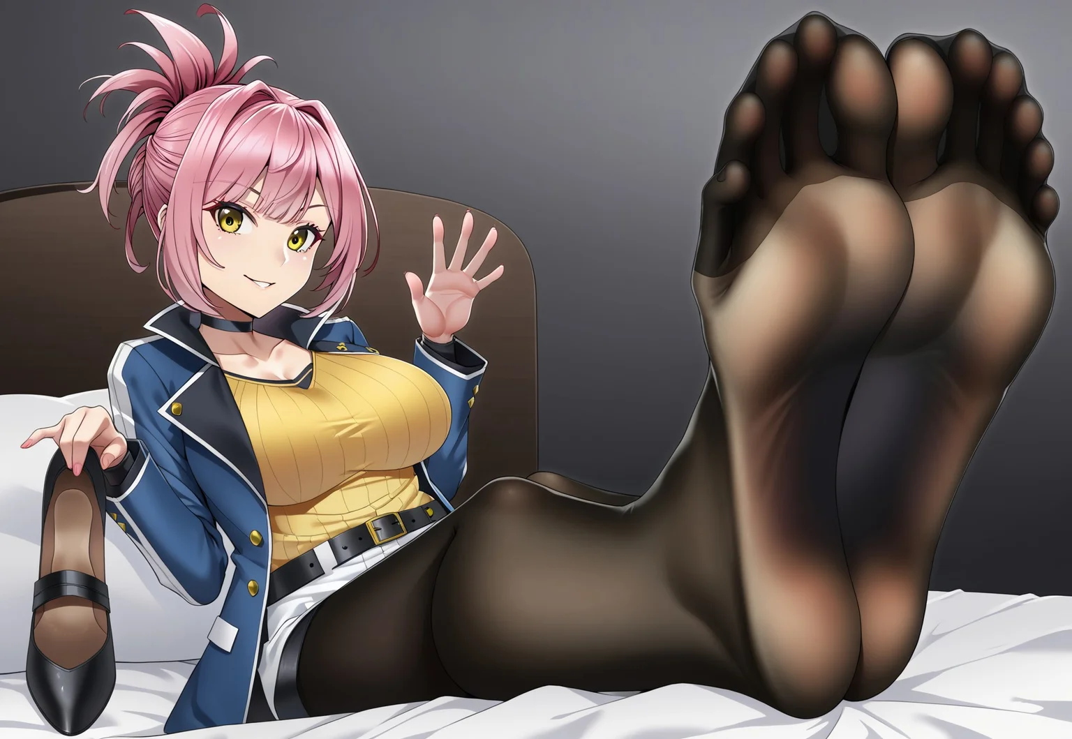 safe_pos, safe_pos, tsa, Sara Valestein, 1girl, arm support, belt, blue jacket, black choker, collarbone, eyelashes, feet together, hair up, high collar, large breasts, leaning back, side view, pink hair, yellow eyes, yellow shirt, ribbed shirt, smile, holding shoes, foreshortening, bed, sitting, soles, foot focus, close up, pantyhose