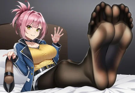 safe_pos, safe_pos, tsa, Sara Valestein, 1girl, arm support, belt, blue jacket, black choker, collarbone, eyelashes, feet together, hair up, high collar, large breasts, leaning back, side view, pink hair, yellow eyes, yellow shirt, ribbed shirt, smile, holding shoes, foreshortening, bed, sitting, soles, foot focus, close up, pantyhose