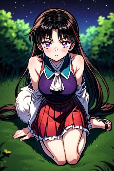 masterpiece, best quality 1girl Setsun4 solo long hair, (night time) forest background black hair very long hair purple eyes multicolored hair armor (fur trim) (medium body),<lora:EMS-179-EMS:0.800000>,<lora:EMS-293862-EMS:0.800000>ascot, bare shoulders, black footwear, detached sleeves, embellished costume, frills, japanese clothes, nontraditional miko, red skirt, sandals, sarashi, skirt, socks, armor, miko