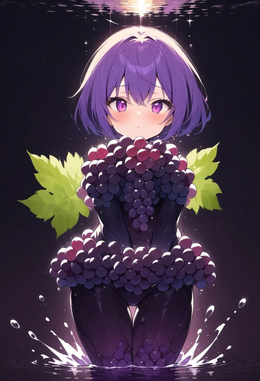 masterpiece, best quality, high quality, good quality, (a girl made from grapes), humanoid, focus face, splash water, flashing particles , depth of field, clean background, made from grapes<lora:ral-rawmeat:1>