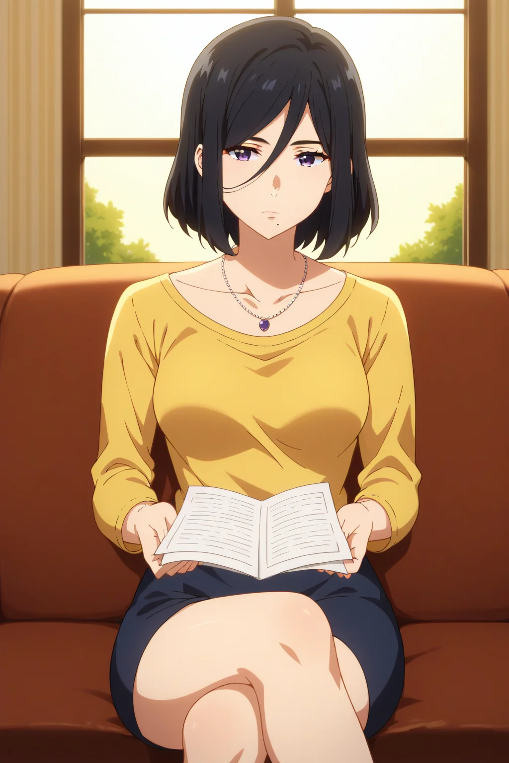 score_9, score_8_up, score_7_up, source_anime, 1girl, prefect lighting, very aesthetic, intricate details, highly detailed background, masterpiece, high quality, prefect hands, best quality, solo,
<lora:Izumi_Nase_Beyond_The_Boundary_V1:.85>, kjoizumi, black hair, purple eyes, medium hair, hair between eyes, mole under mouth,
black miniskirt, yellow shirt, long sleeves, necklace,
expressionless, sitting, sitting on couch, crossed legs, holding paper,
living room, couch, sunset, window,
(Beautiful, medium Breasts:1.2), natural breasts,