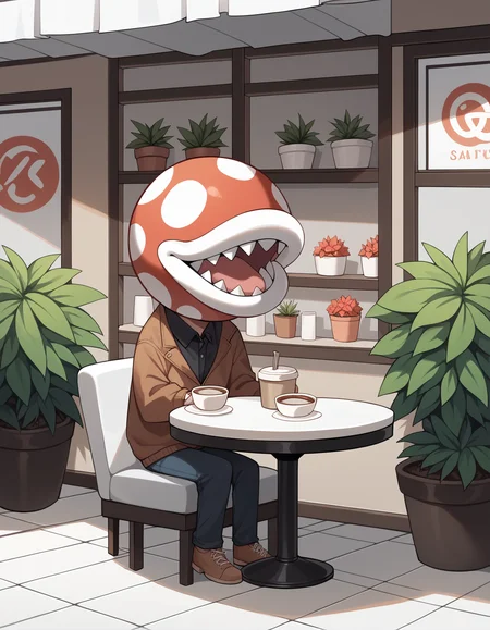score_9, score_8_up, score_7_up, score_6_up, score_5_up, score_4_up, source_anime, rating_safe, BREAK, <lora:piranhaPlantXL_LoRA-C3Lier_AdamW_Dim4_Alpha4_UN-3e-4_TE-1.5e-4_6batch_ponyDiffusionV6XL_v6StartWithThisOne:1>, piranha plant, plant tentacles, no humans, potted plant, cafe, shelf