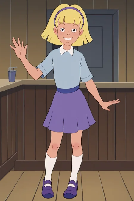 score_9, score_8_up, score_7_up, score_6_up, BREAK, AnnikaSPLXL, retro artstyle, blonde hair, short hair, blunt bangs, purple hairband, female child, flat chest, white collar shirt, blue shirt, short sleeves, purple skirt, white socks, purple shoes, solo, full body, standing, waving, seductive smile, looking at viewer, indoors <lora:AnnikaSPLXL:1>
