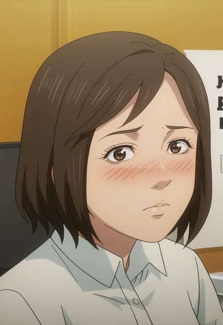 score_9, score_8_up, score_7_up, source_anime, BREAK 1girl, solo, ,  <lora:DX888Misaki:1>, shimizu misaki, brown hair, brown eyes, bob cut, anime screencap,  cubicle, office desk, sticky note, solo, adjusting hair, standing, contrapposto,  hair behind ear, leaning forward, close_up, hand on own hair, full-face blush, shy,   averting eyes, embarrassed, timid,