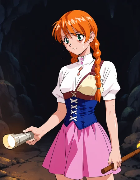 score_9, score_8_up, score_7_up <lora:VIPER_Only_3:0.5> v1p3r1seV6,
1girl, solo, <lora:jota-extend-ponyxl:0.8> jota, green eyes, orange hair, twin braids, white shirt, short sleeves, blue corset, muneate, pink skirt, holding torch, worried, sweat, cave, dim lighting