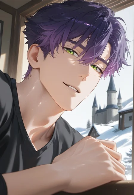 //General, masterpiece,best quality,amazing quality, source_anime, intricately detailed illustration, very aesthetic, absurdres, newest, anime coloring, subsurface scattering, , natural lighting, Expressiveh, detailed skin, shiny skin,aesthetics light, depth of field, vibrant colors,
//Fashion, black shirt, long sleeves,
//Background, castle interior, indoors, snow background outside the window,
//Others, 1boy, male focus, solo male, manly body,
//Action, looking at viewer, light smile, close up, upper body,
BREAK,
Woo Jio, Deep Purple Hair, Hair Between Eyes, Green Lime Eyes, Parted Lips