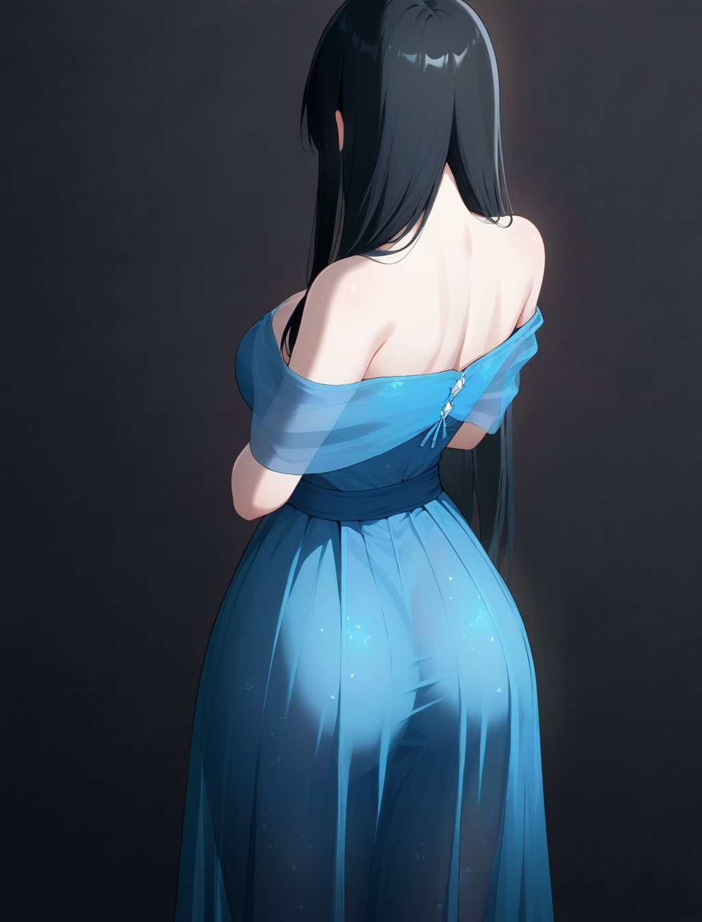 masterpiece,best quality,amazing quality,1girl,solo,cowboy_shot,from_behind, face away, 
<lora:人物loras\ill\xiayao3\xiayao3.safetensors:1.0>,black_hair, long_hair, straight_hair,
BSdress1，
blue dress,bare shoulders,off shoulder,off-shoulder dress,long dress,cleavage,see-through,
black_background, 