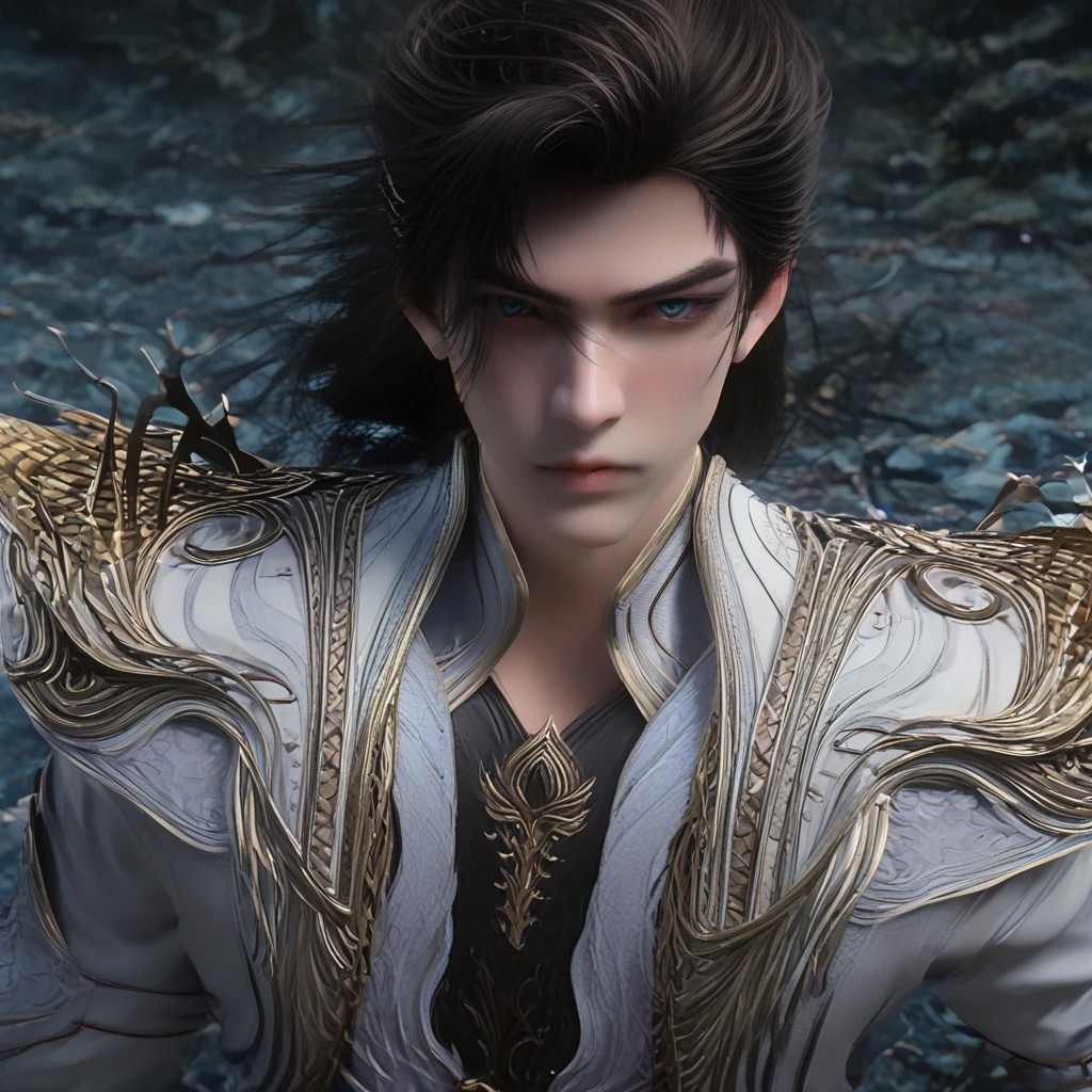 focus on face, dynamic pose, super detailed anatomic beautiful face, PonyXLV6_Scores, shihao, 1boy, solo, black hair, white dress, midriff, blue eyes, focus on face, armor, portrait,