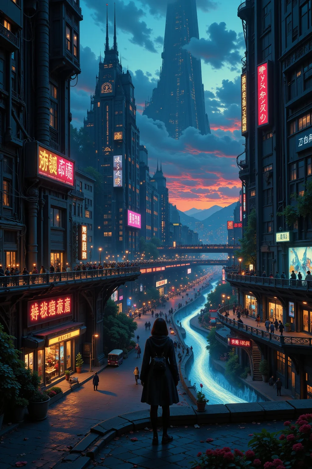 a futuristic sci-fi fantastic cyberpunk city beautiful landscape, dusk, woman, very intricate, very detailed, sharp, bright, colorful, <lora:Hand v2:0.5> <lora:Anti-Blur:1><lora:Insane Detail Slider:0.25> <lora:flux.1_lora_flyway_Epic-detail_v2:0.3> <lora:fluxenhancer:0.25> <lora:Anime_style:0.6> anime style