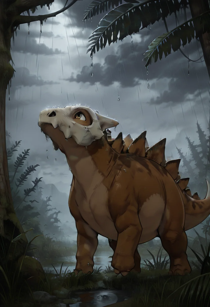 masterpiece, best quality, solo, no humans, zzStego, close up, outdoors, water, tree, leaf, grass, plant, nature, forest ,<lora:StegosaurusDinosaur_IXL:1.0>, <lora:CubonePokedex_IXL:0.8>, zzCubone, standing, rain falling, looking up, sad expression, wet, heavy raindrops, dark clouds, distant thunder, dramatic lighting, lone warrior, skull helmet, abandoned ruins ,
