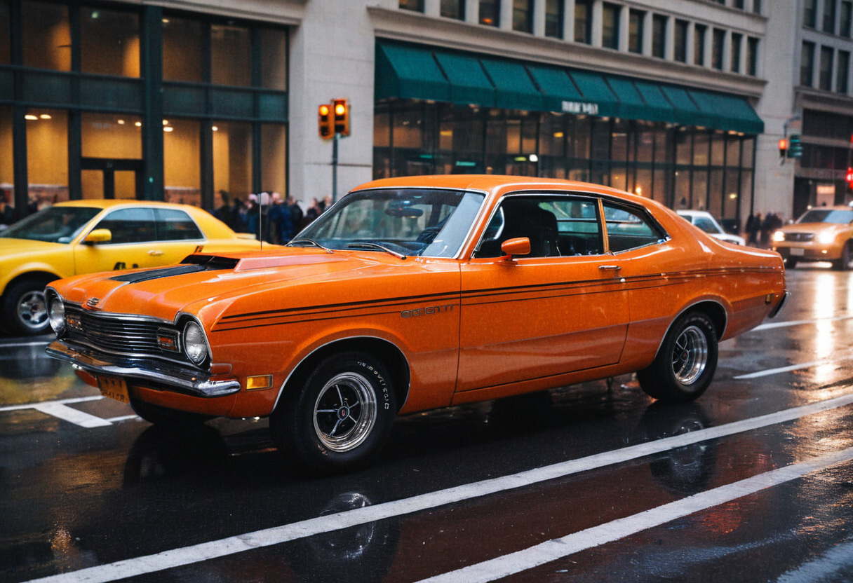 ClassicMuscleCar, gleaming orange Mercury Comet, side view, wet Manhattan avenue, skyscrapers, foggy raining evening, reflections, traffic lights, bokeh, 4K, highly detailed, (stylish grainy analog 35mm film photo)