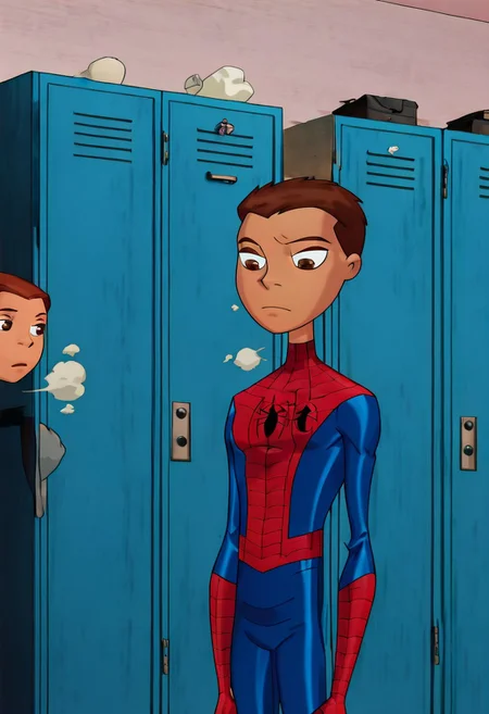 masterpiece,best quality, amazing quality, anime screencap, anime coloring, flatstyle, flat color, outlines, 1boy, fit, slim body, solo, male focus, P3t3r, 1boy, male focus, anime, brown hair, very short hair, brown eyes, Spiderboy, Bodysuit, Red Bodysuit, Blue Bodysuit, Cl4ss1c, superhero, bodysuit, spider web print, red bodysuit, blue accents, locker_room, foggy, steam,