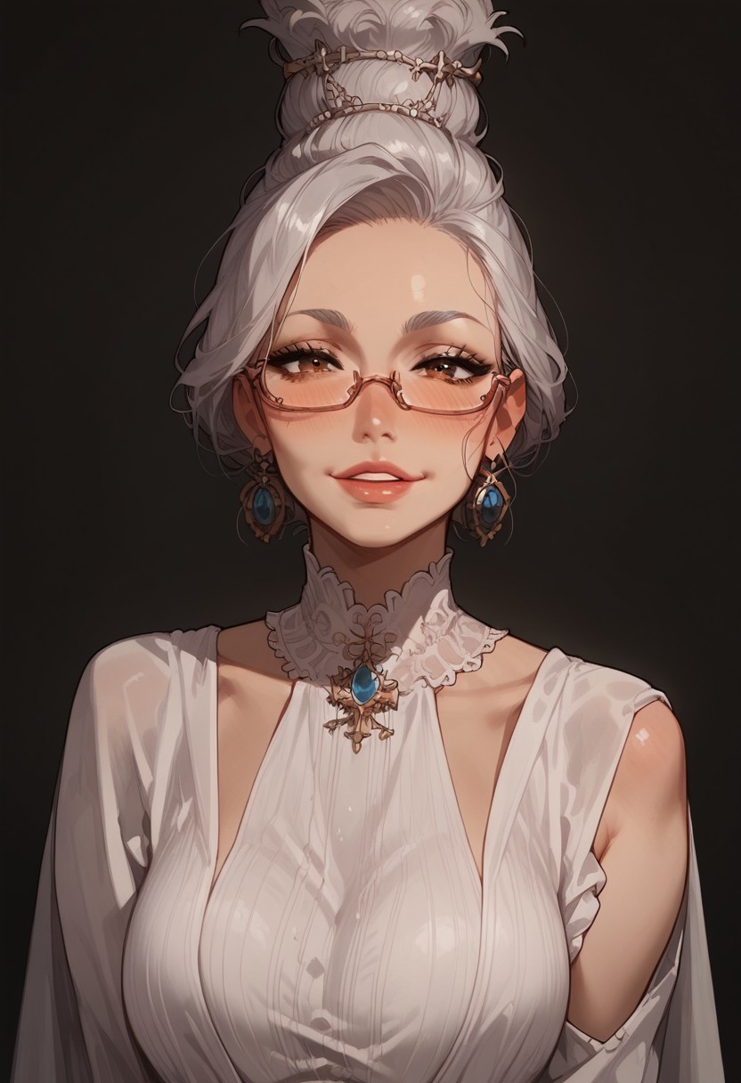 score_9, score_8_up, score_8. score_9, score_8_up, score_7_up, score_6_up, masterpiece, 4k, high quality, (best quality:1.1), ExpressiveH, close up
1girl, seiko ayase, mature female,grey hair, brown eyes,glasses,top knot, large breasts, blushing, looking at viewer, smiling, g0dd3ss, white dress
green background