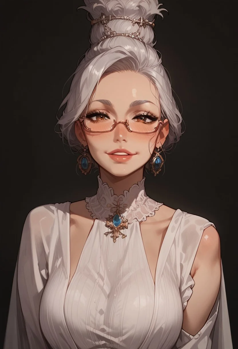 score_9, score_8_up, score_8. score_9, score_8_up, score_7_up, score_6_up, masterpiece, 4k, high quality, (best quality:1.1), ExpressiveH, close up
1girl, seiko ayase, mature female,grey hair, brown eyes,glasses,top knot, large breasts, blushing, looking at viewer, smiling, g0dd3ss, white dress
green background