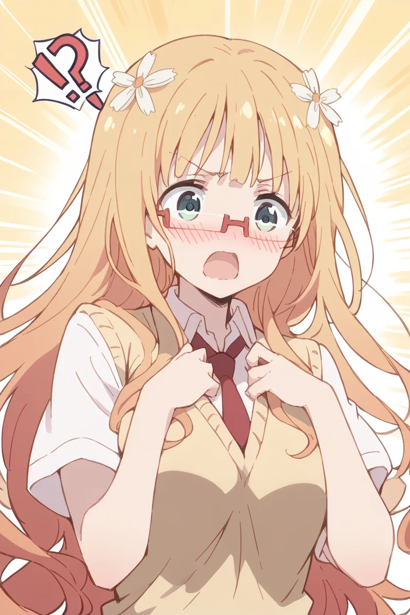 score_9, score_8_up, score_7_up, score_6_up,
<lora:Mitsuki_Sonoda:1> mitsuki, 1girl, long hair, solo, glasses, hair ornament, !?, open mouth, school uniform, necktie, parody, sweater vest, blush