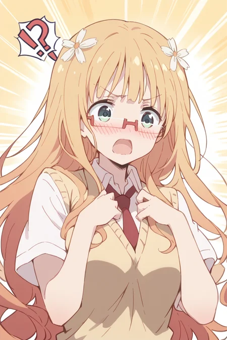 score_9, score_8_up, score_7_up, score_6_up,
<lora:Mitsuki_Sonoda:1> mitsuki, 1girl, long hair, solo, glasses, hair ornament, !?, open mouth, school uniform, necktie, parody, sweater vest, blush