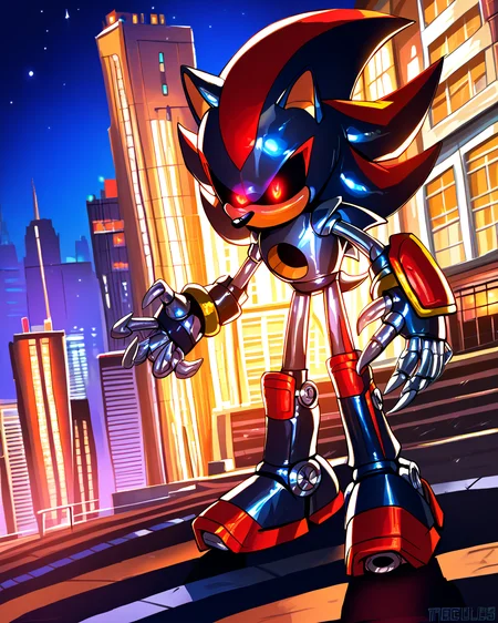 score_9, score_8_up, solo, Shadow the hedgehog, glowing eyes, robot, metal skin, shiny skin, no mouth, smooth shading, outdoors, robot joints, night, city, <lora:Robotization_Pony:0.75>, score_9, score_8_up,