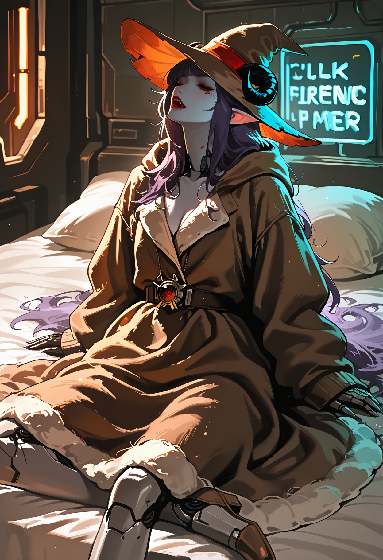 1girl, (monster girl, vampire), fangs,  purple hair,  long hair,        skinny,  
BREAK   1girl, lay on bed, rest head on pillow, sleeping on bed,         
BREAK            red lips,       hooded, fur-trimmed dress, witch hat, sheep horns,  neon light, Club Stage, (science fiction, cyberpunk),      
BREAK general, masterpiece, best quality, absurdres, highres, newest, <lora:ponyv6_noobV1_2_adamW:0.7>, <lora:VICE_v1.0:0.85>