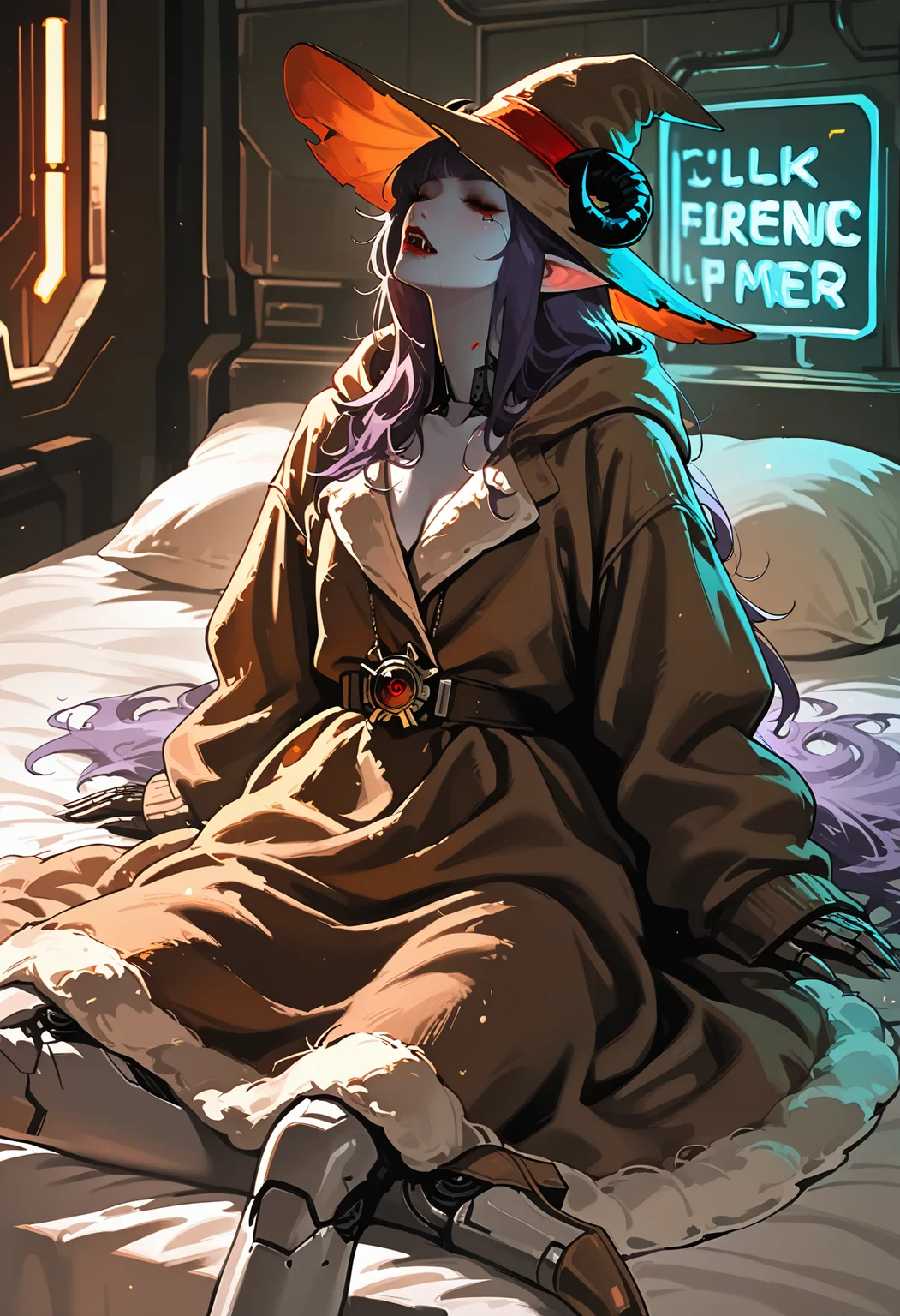 1girl, (monster girl, vampire), fangs,  purple hair,  long hair,        skinny,  
BREAK   1girl, lay on bed, rest head on pillow, sleeping on bed,         
BREAK            red lips,       hooded, fur-trimmed dress, witch hat, sheep horns,  neon light, Club Stage, (science fiction, cyberpunk),      
BREAK general, masterpiece, best quality, absurdres, highres, newest, <lora:ponyv6_noobV1_2_adamW:0.7>, <lora:VICE_v1.0:0.85>