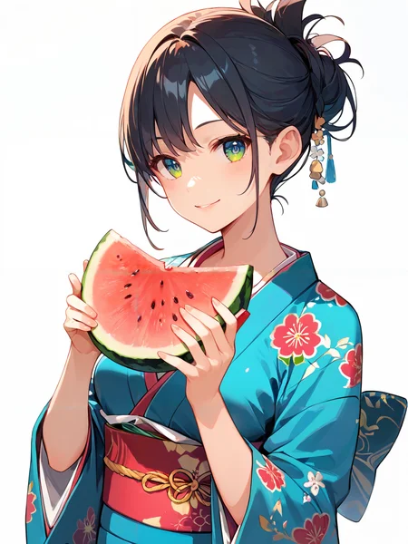 score_9, score_8_up, score_7_up,source_anime, high res image,masterpiece,best quality,woman,middle breasts,cute face,clear skin,shiny hair,ultra detailed eyes,simple background, <lora:watermelon_pony_V1.0:0.8> watermelon, holding watermelon, smile,kimono