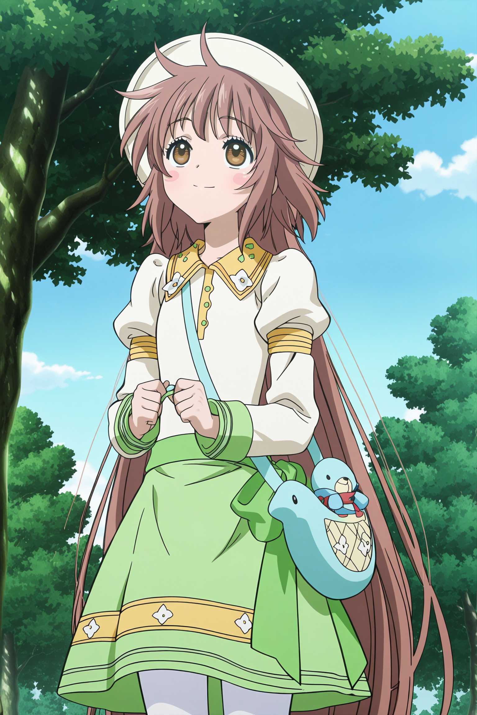 anime screencap, anime coloring, detailed face, masterpiece, best quality, very aesthetic, absurdres, volumetric lighting, official style, amazing quality, ultra detailed, highres, amazing quality, scenery, beautiful detailed hair, beautiful detailed eyes,
<lora:StS-Illustrious-Detail-Slider-v1.0:4>
<lora:Kobato_Hanato_Kobato.:1>
outdoors, trees, sky, day,
Kobato Hanato (character), 1girl, solo, long hair, hat, dress, green skirt, pantyhose, brown hair, happy girl, cowboy shot, blue handbag, looking up, high angle, stuffed toy, smile, blush stickers,