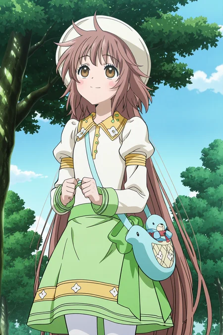 anime screencap, anime coloring, detailed face, masterpiece, best quality, very aesthetic, absurdres, volumetric lighting, official style, amazing quality, ultra detailed, highres, amazing quality, scenery, beautiful detailed hair, beautiful detailed eyes,
<lora:StS-Illustrious-Detail-Slider-v1.0:4>
<lora:Kobato_Hanato_Kobato.:1>
outdoors, trees, sky, day,
Kobato Hanato (character), 1girl, solo, long hair, hat, dress, green skirt, pantyhose, brown hair, happy girl, cowboy shot, blue handbag, looking up, high angle, stuffed toy, smile, blush stickers,