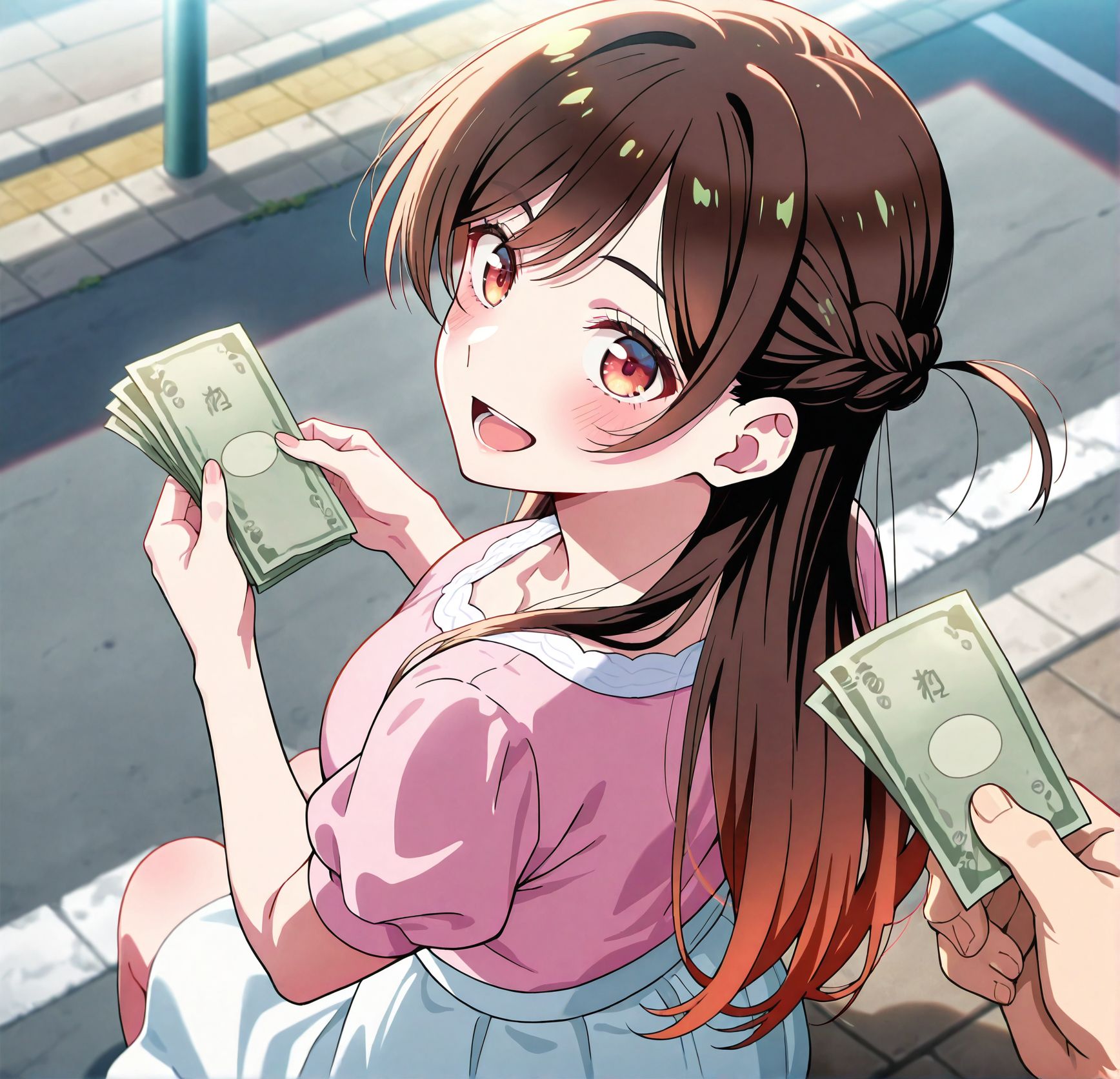 <lora:add-detail-xl:0.5>,,masterpiece, best quality, newest, absurdres, highres, detailed eyes, beautiful, detailed background, perfect eyes, anime coloring, anime screencap,
<lora:sugar_dating:0.5>sugar_datingV1,
sitting, holding money,from above, from behind,open mouth, happy, 
pov hand  holding money, giving money,outdoors, day,sunlight, street, 
BREAK
kanojo okarishimasu, official style, 
mizuhara chizuru, 
skirt, shirt, short sleeves, puffy sleeves, puffy short sleeves, white skirt, pink shirt,
20YO, milf,adult female,