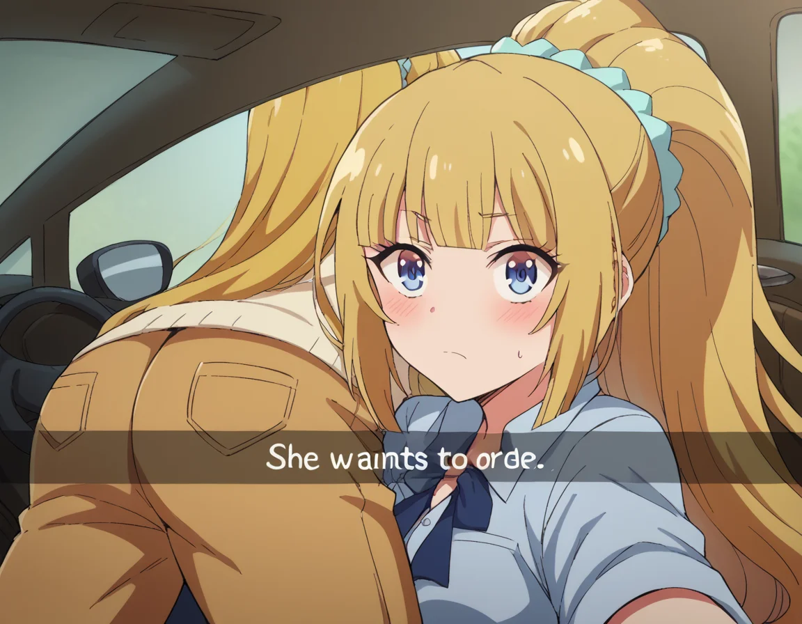 score_9, score_8_up, score_7_up, source_anime, <lora:kei-karuizawa-anime-s2-ponyxl-lora-nochekaiser:1>, kei karuizawa, long hair, bangs, blunt bangs, blonde hair, hair ornament, ponytail, scrunchie, blue scrunchie, medium breasts,, <lora:he-wants-to-order-ponyxl-lora-nochekaiser:1> he wants to order, he wants to order (meme), drive-thru, snapchat, side-view mirror, car interior, car seat, steering wheel, car interior, three quarter view, lying on person, selfie, 1boy, ass, pants,, blush,,