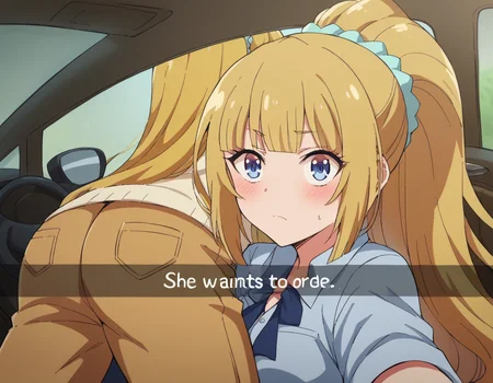 score_9, score_8_up, score_7_up, source_anime, <lora:kei-karuizawa-anime-s2-ponyxl-lora-nochekaiser:1>, kei karuizawa, long hair, bangs, blunt bangs, blonde hair, hair ornament, ponytail, scrunchie, blue scrunchie, medium breasts,, <lora:he-wants-to-order-ponyxl-lora-nochekaiser:1> he wants to order, he wants to order (meme), drive-thru, snapchat, side-view mirror, car interior, car seat, steering wheel, car interior, three quarter view, lying on person, selfie, 1boy, ass, pants,, blush,,